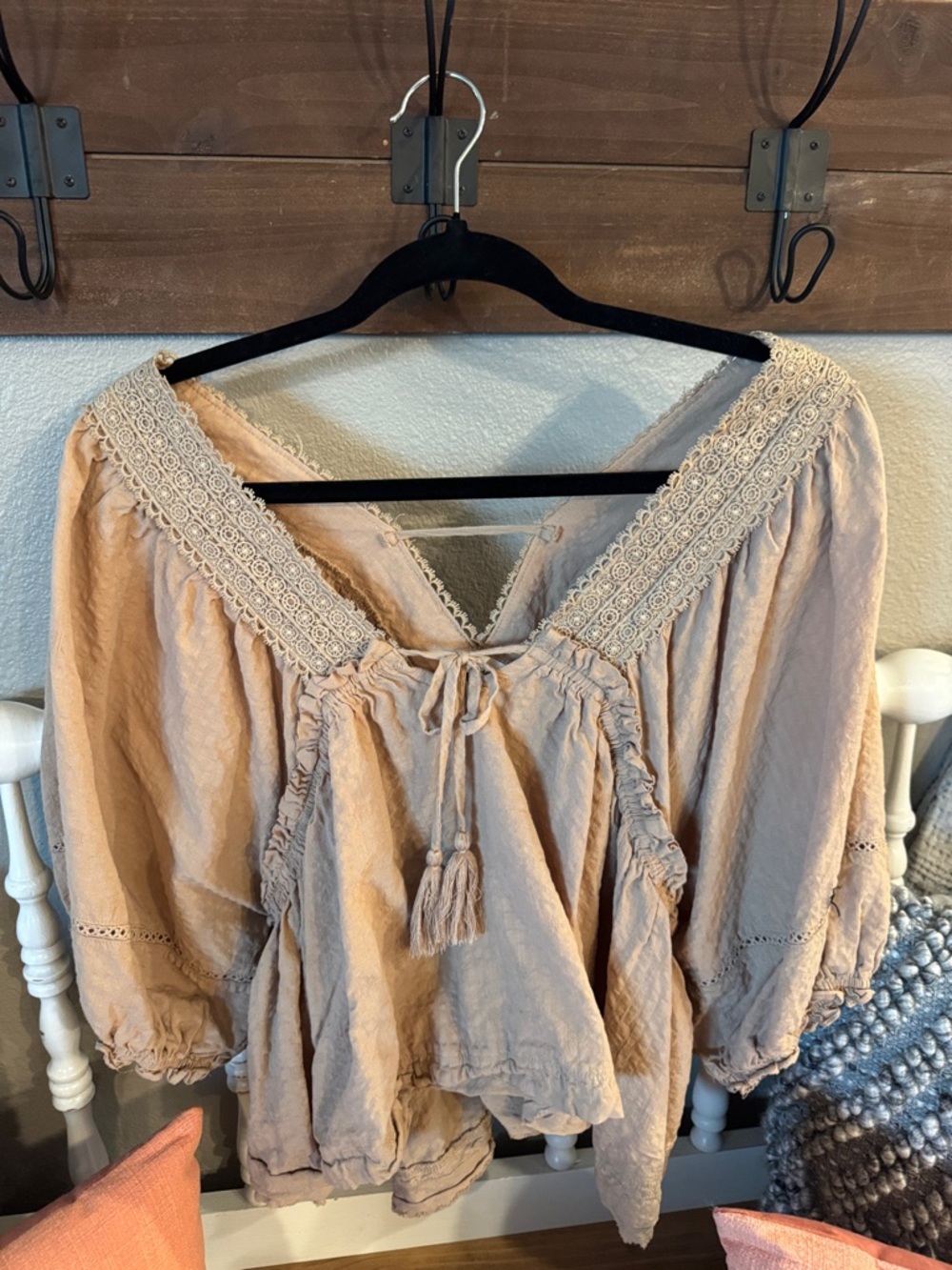 Impressions Crochet-Trim Peasant Blouse - Light Taupe